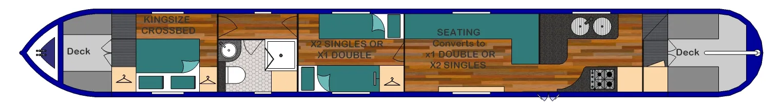 Layout plan of Aqua Beatha, 58ft reverse layout: king size cross bed, bathroom, two singles or a double, and a saloon with seating that converts to a double or two singles