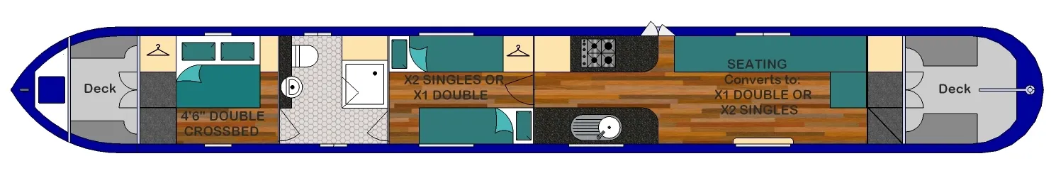 Layout plan of Aqua Life: 4ft 6in double cross bed, bathroom, two singles or a double, and a saloon with seating that converts to a double or two singles