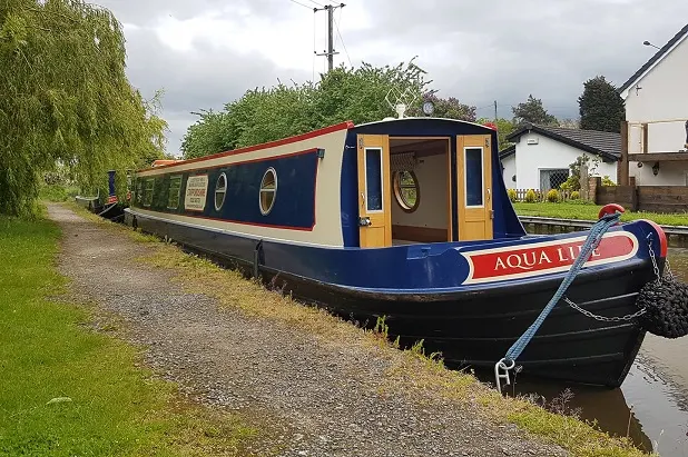 Aqua narrowboat on the water