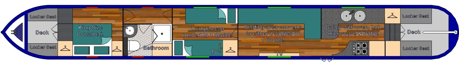 Layout plan of Aqua Vida, 58ft: king size cross bed, bathroom, two singles that convert to a double, a saloon with seating that converts to two singles or a double, and a galley with oven, hob, microwave and fridge