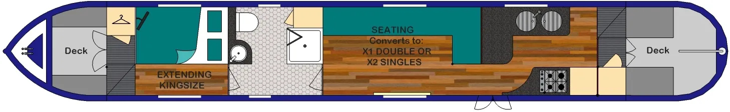 Layout plan of Aqua Vie, 50ft: extending king size bed, bathroom, and a saloon with seating that converts to a double or two singles