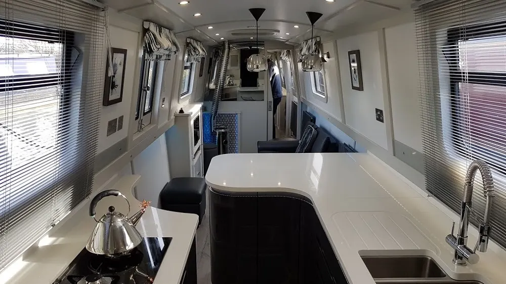 Inside Albannach, looking along the galley