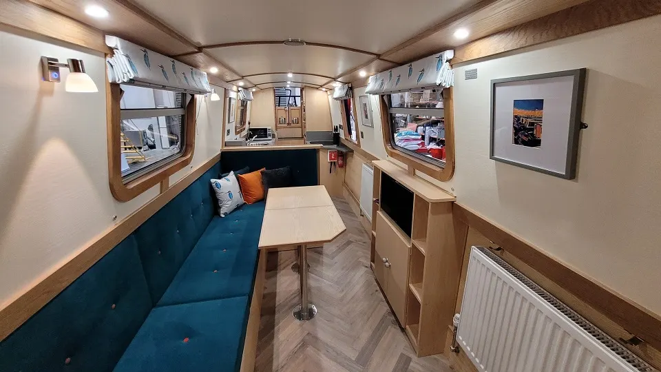 Inside Aqua Spirit, looking along the saloon