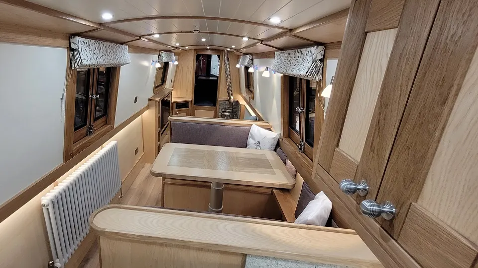 Inside Spirit of Jaktoba, looking along the saloon and dinette