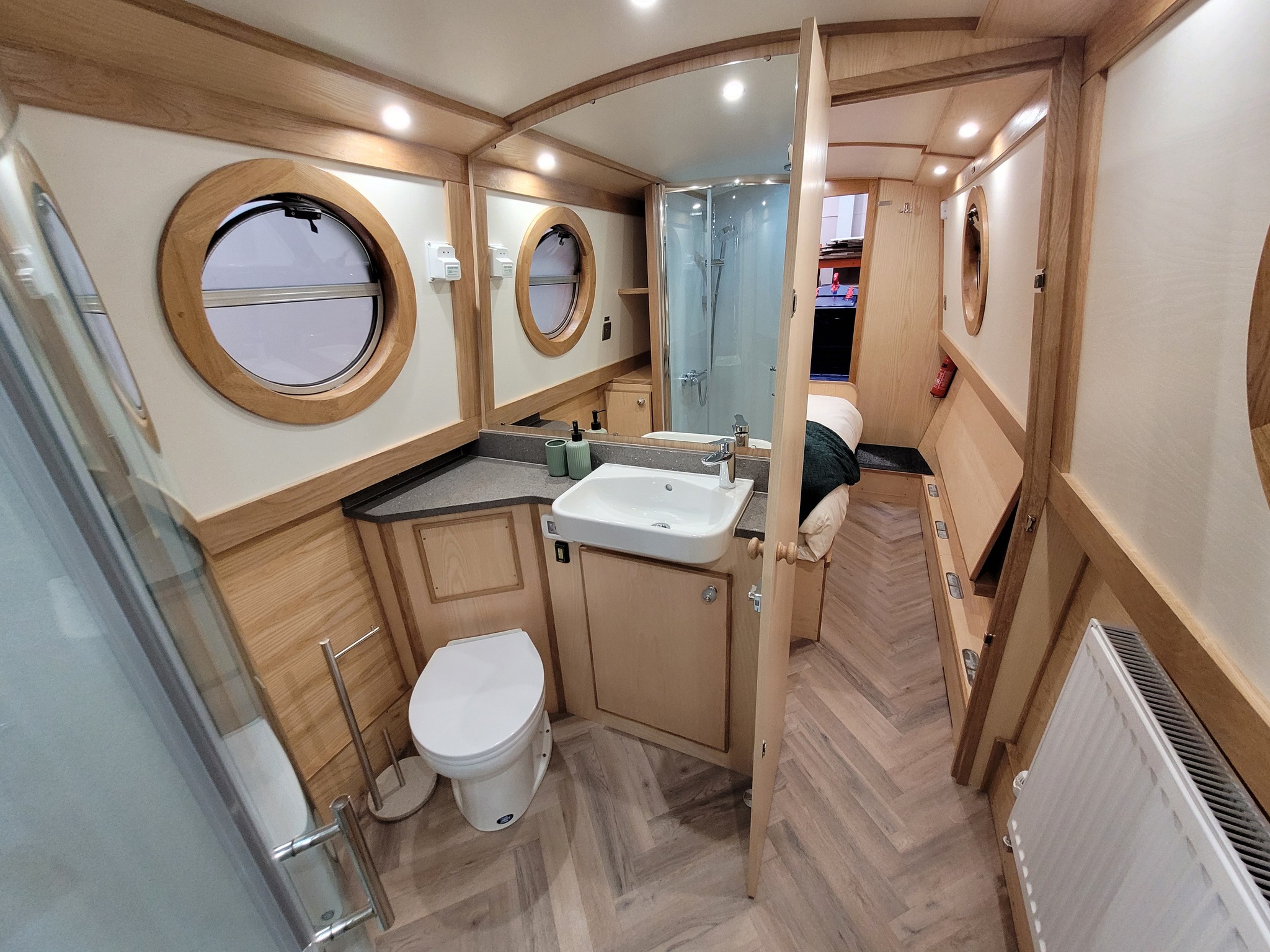 Narrowboat Aqua Spirit, looking from bathroom to main cabin